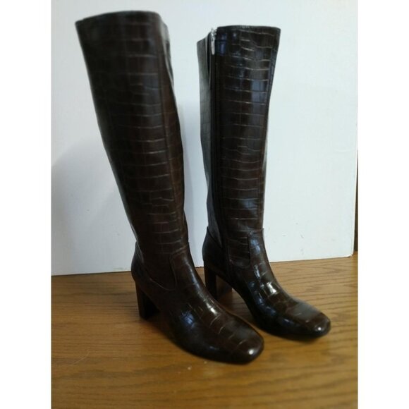 Marc Fisher Dark Brown Crocodile Embossed Knee-High Leather Boots 7M With Zipper - Picture 7 of 9